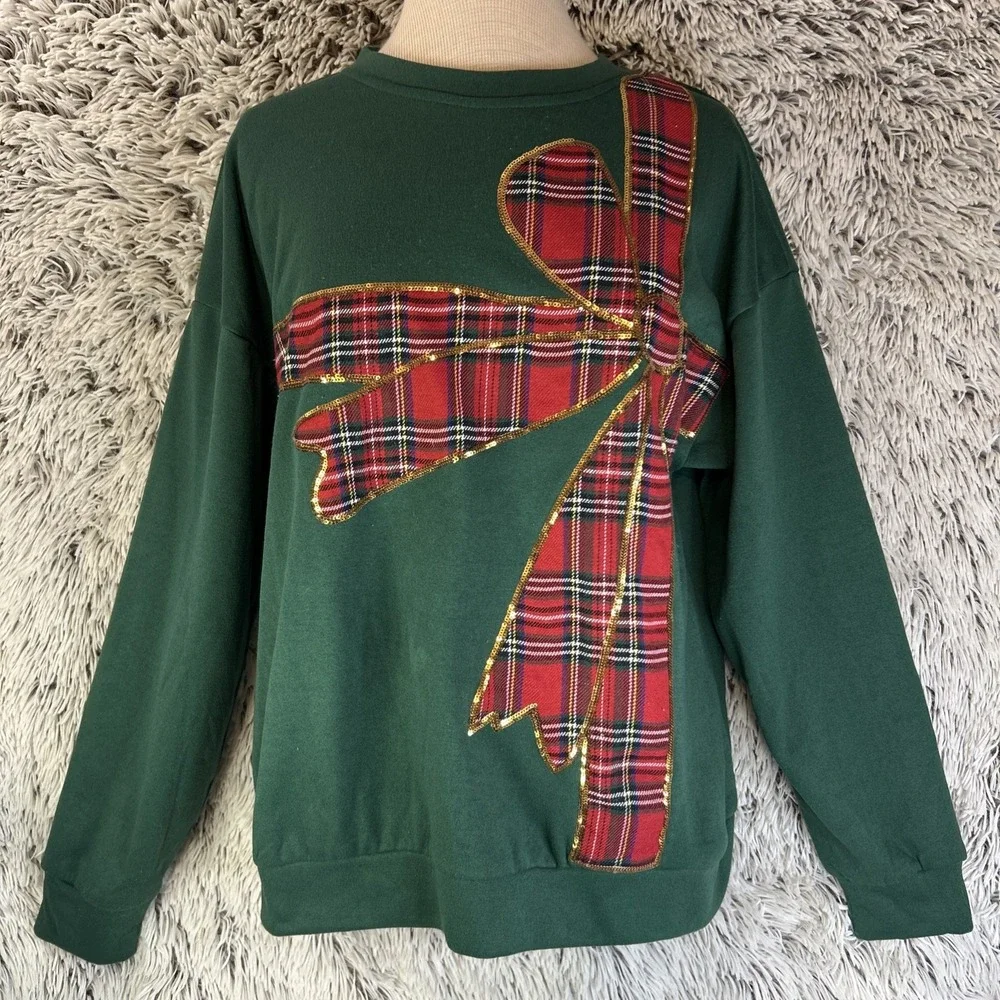 Bibi Green Red Plaid Ribbon Crewneck Pullover Christmas Gold Sequin Holiday Sz S - Picture 1 of 12